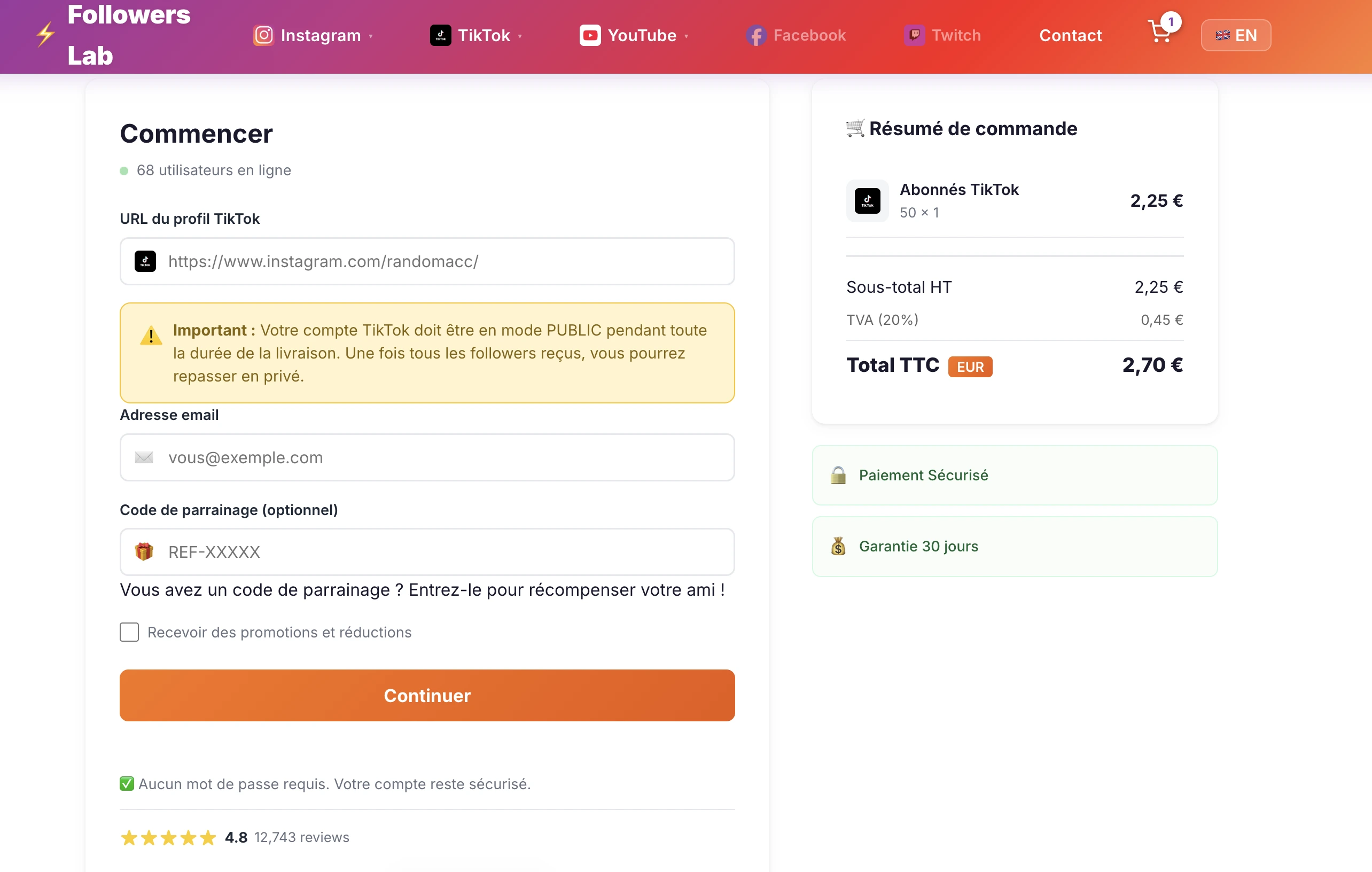 Processus d'achat followers TikTok sur Followers-Lab